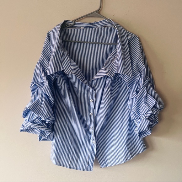 Womens Blue Striped Ruffle Sleeve Off the Shoulder Top Blouse Size S - Picture 1 of 11